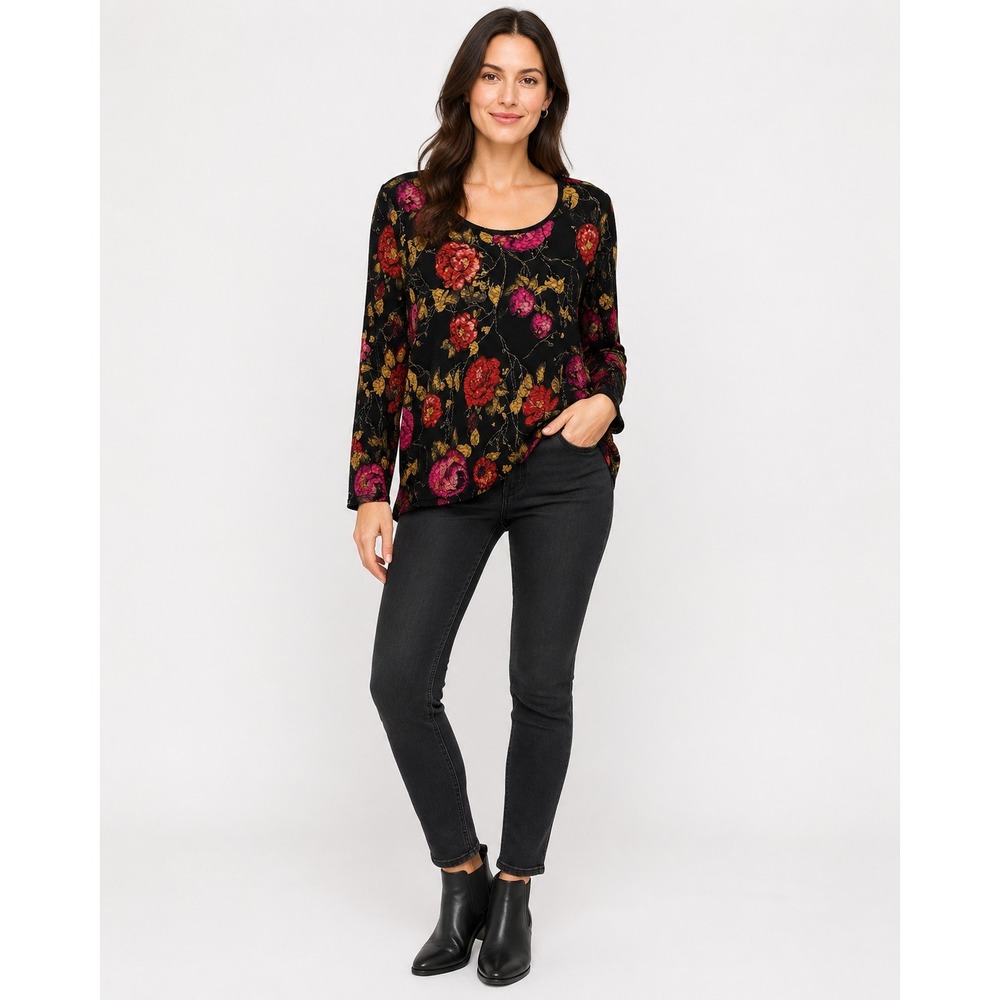 Vintage Y2K French Laundry Fall Floral Top Womens XL Black Crepe Acetate‎
